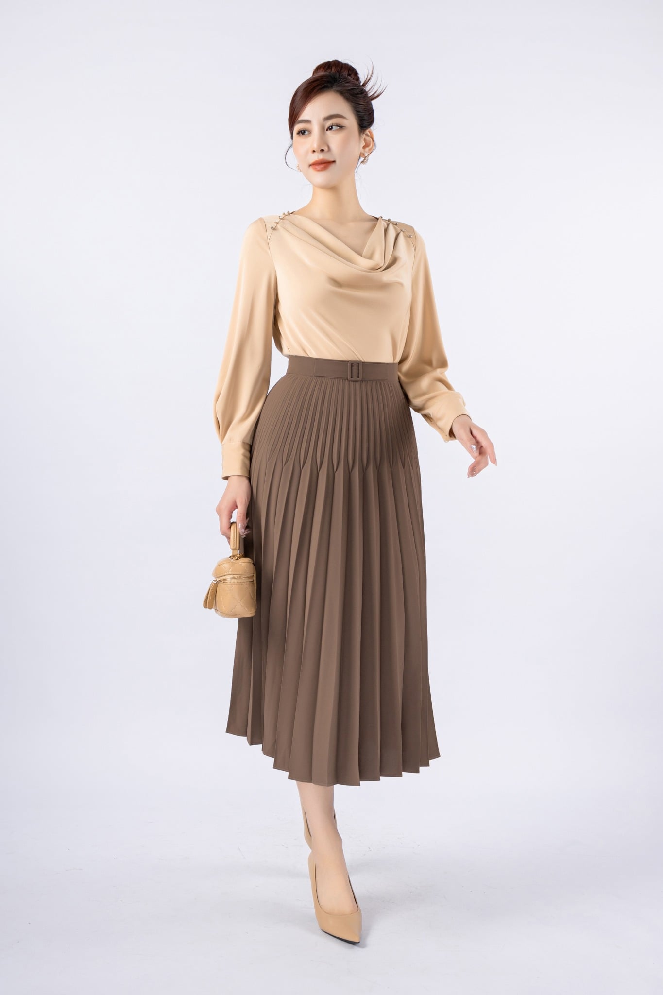 BJD72884 - Chân váy công sở vải tuytsi dáng Xoè rập ly vải habutai cạp phối mặt đai thắt lưng tạo kiểu khóa thân sau - PANTIO