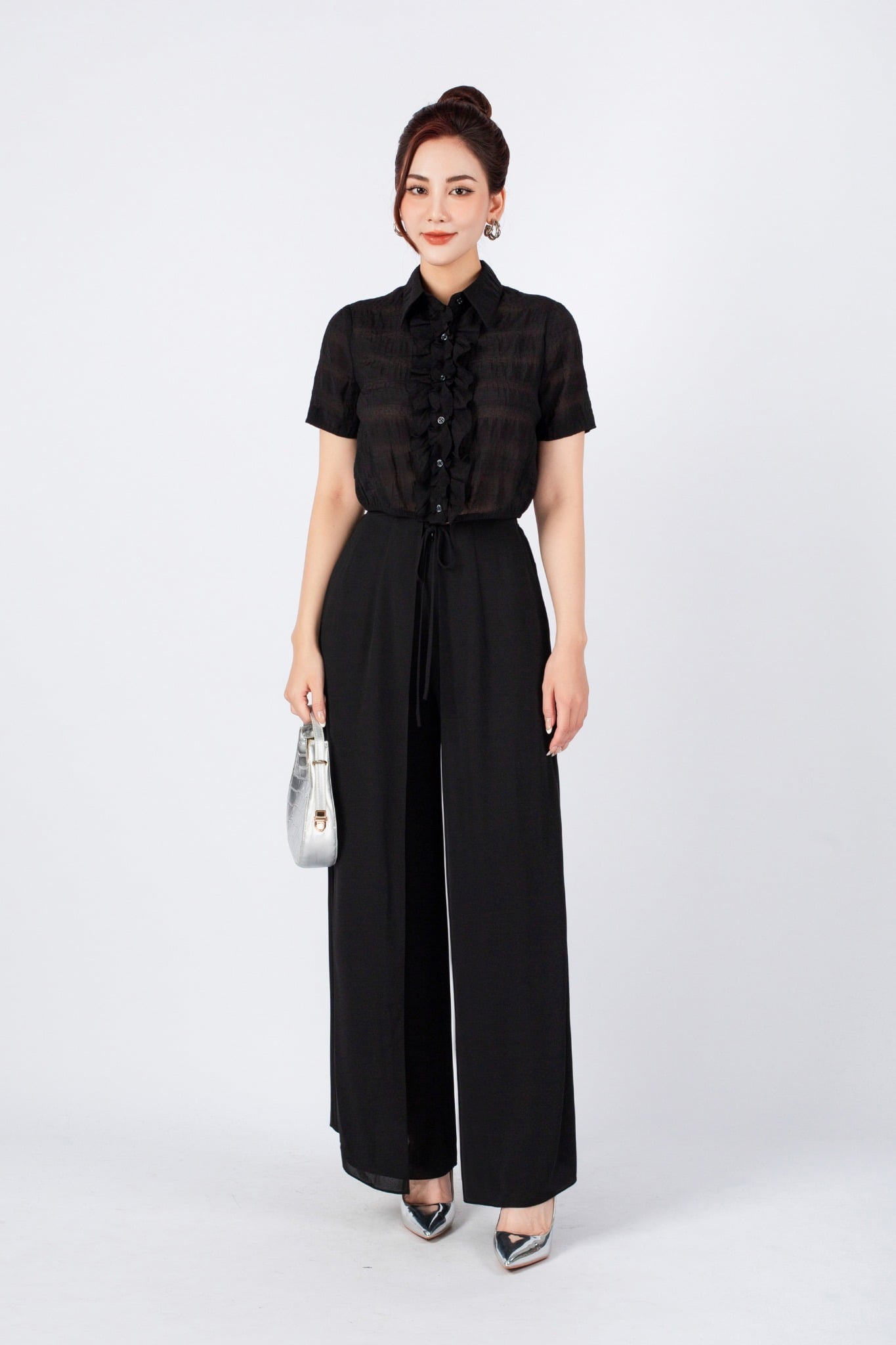 FQD31096 - Quần công sở vải phi cát dáng suông ống rộng thân phối hai tà buộc dây tạo kiểu - PANTIO