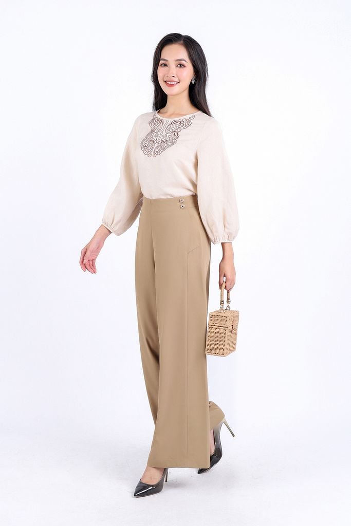 FAS53608 - Áo sơ mi công sở vải Linen dáng suông cổ tròn tay lửng gấu tay bo chun thân áo thêu hoạ tiết trang trí - PANTIO