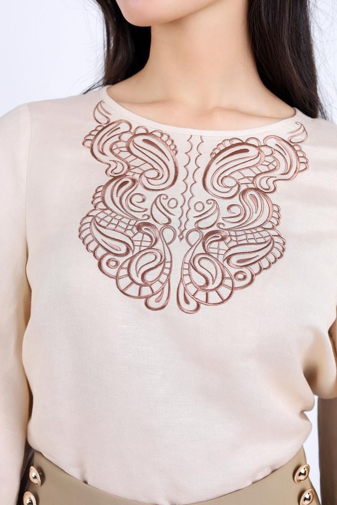 FAS53608 - Áo sơ mi công sở vải Linen dáng suông cổ tròn tay lửng gấu tay bo chun thân áo thêu hoạ tiết trang trí - PANTIO