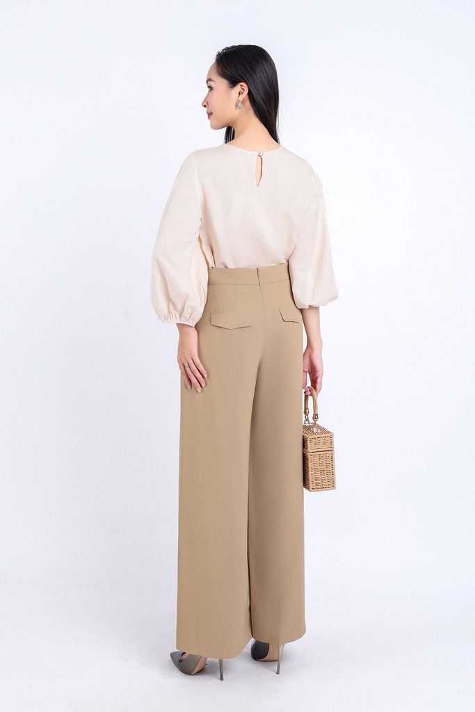 FAS53608 - Áo sơ mi công sở vải Linen dáng suông cổ tròn tay lửng gấu tay bo chun thân áo thêu hoạ tiết trang trí - PANTIO