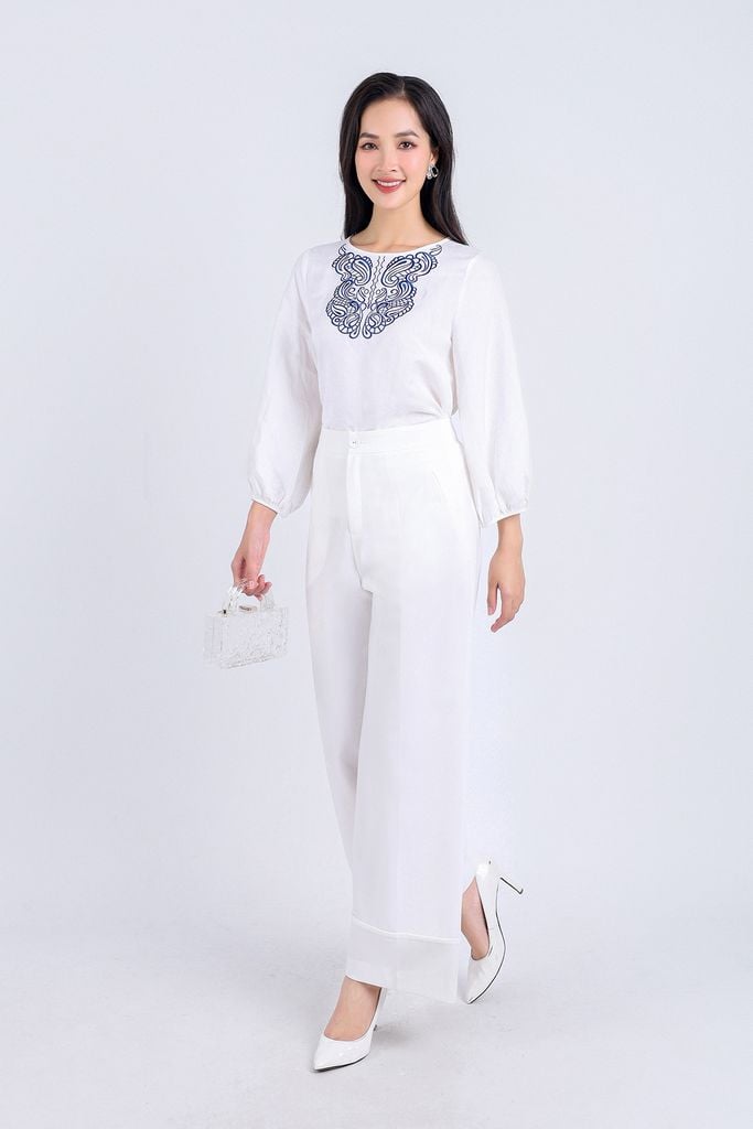 FAS53608 - Áo sơ mi công sở vải Linen dáng suông cổ tròn tay lửng gấu tay bo chun thân áo thêu hoạ tiết trang trí - PANTIO