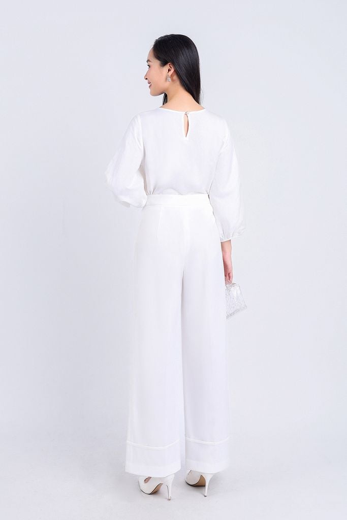 FAS53608 - Áo sơ mi công sở vải Linen dáng suông cổ tròn tay lửng gấu tay bo chun thân áo thêu hoạ tiết trang trí - PANTIO