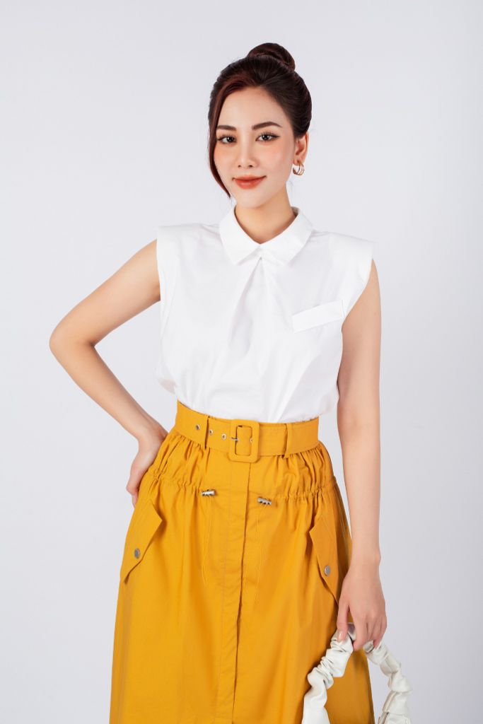 FJD51110 - Chân váy dạo phố vải thô kate dáng A có lót vải habutai cạp chun phối đai trang trí thân rút nhún phối túi bên hông tạo kiểu - PANTIO
