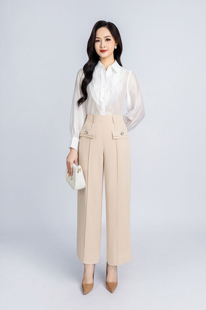 FAS53633 - Áo sơ mi công sở vải tơ dáng suông cổ đức thân phối bèo tạo kiểu - PANTIO