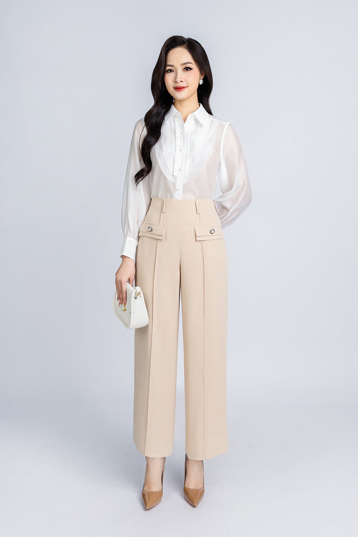 FQD51100 - Quần công sở vải tuytsi dáng suông ống rộng thân phối nắp túi đính cúc tạo kiểu khoá thân sau - PANTIO