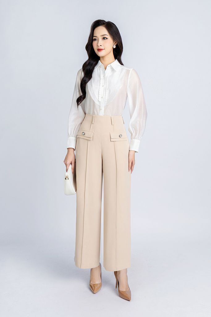 FAS53633 - Áo sơ mi công sở vải tơ dáng suông cổ đức thân phối bèo tạo kiểu - PANTIO
