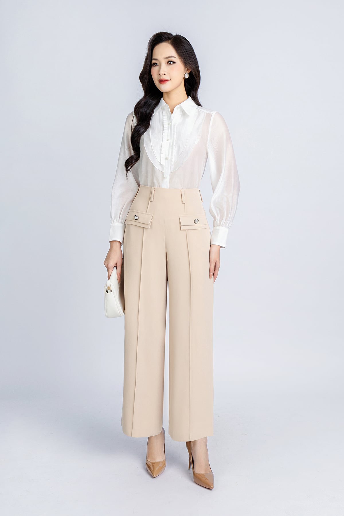 FQD51100 - Quần công sở vải tuytsi dáng suông ống rộng thân phối nắp túi đính cúc tạo kiểu khoá thân sau - PANTIO