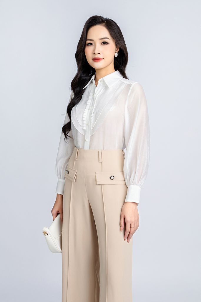 FAS53633 - Áo sơ mi công sở vải tơ dáng suông cổ đức thân phối bèo tạo kiểu - PANTIO