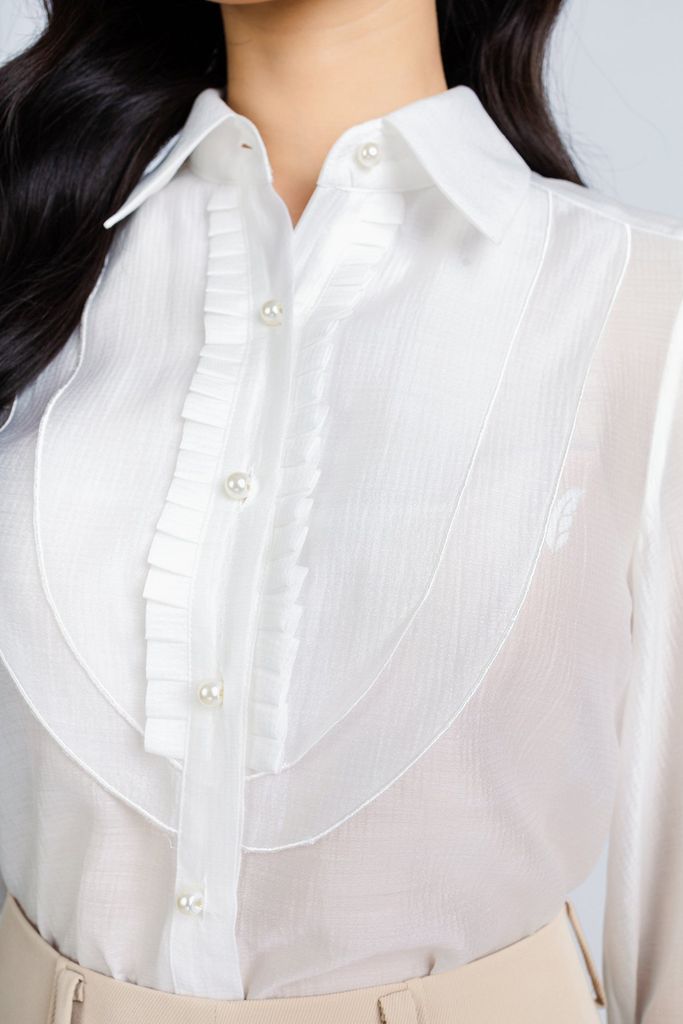 FAS53633 - Áo sơ mi công sở vải tơ dáng suông cổ đức thân phối bèo tạo kiểu - PANTIO