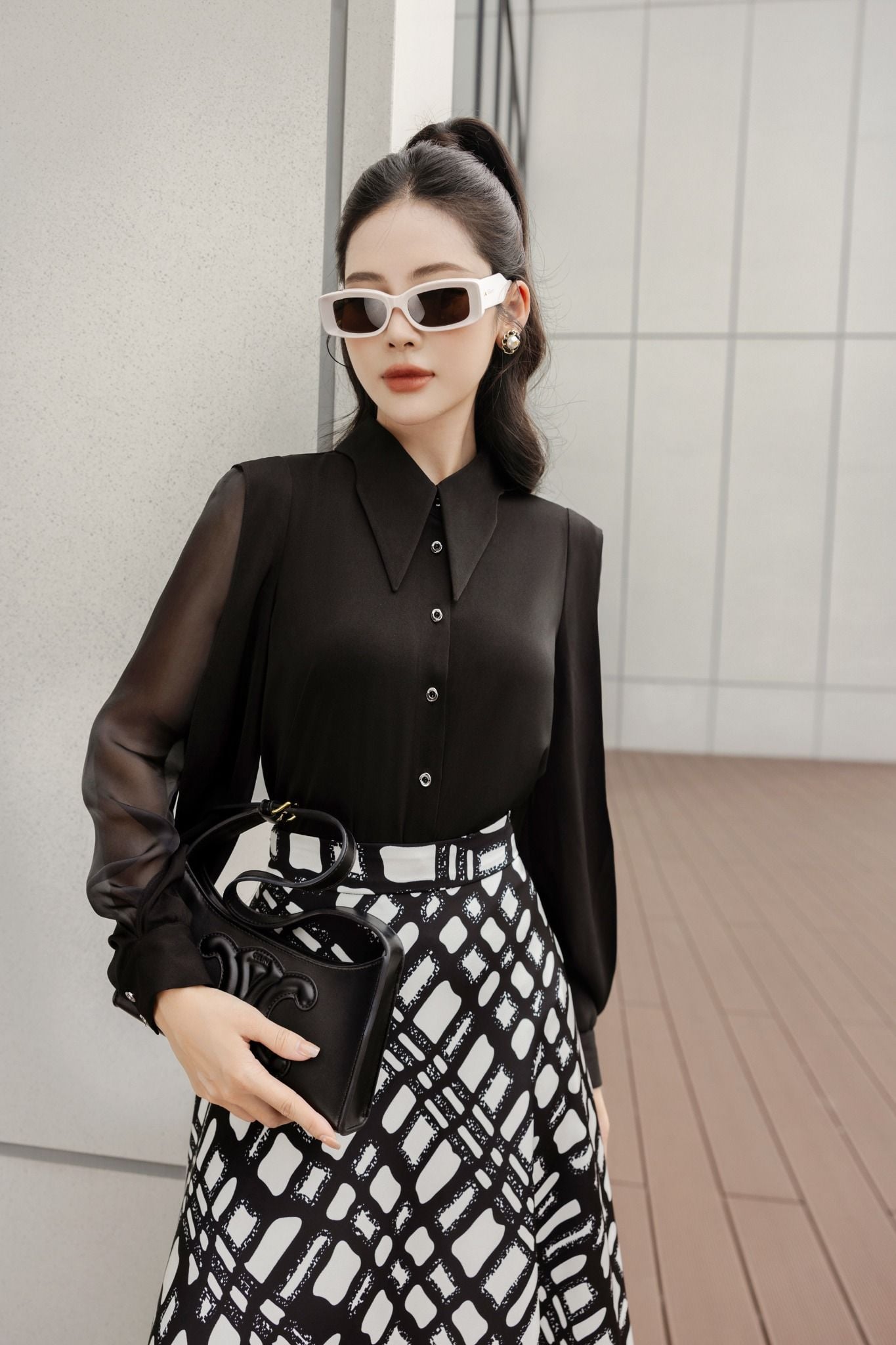 FAS53637 - Áo kiểu công sở vải lụa tằm cổ đức tay phối vải tơ hai vạt tạo kiểu - PANTIO