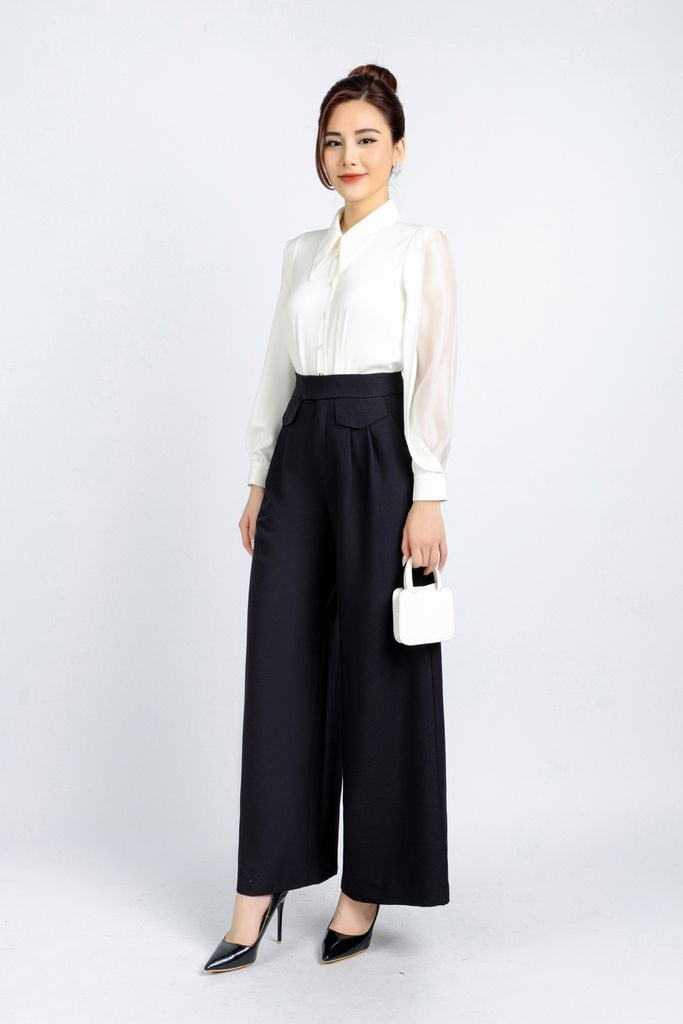 FAS53637 - Áo kiểu công sở vải lụa tằm cổ đức tay phối vải tơ hai vạt tạo kiểu - PANTIO