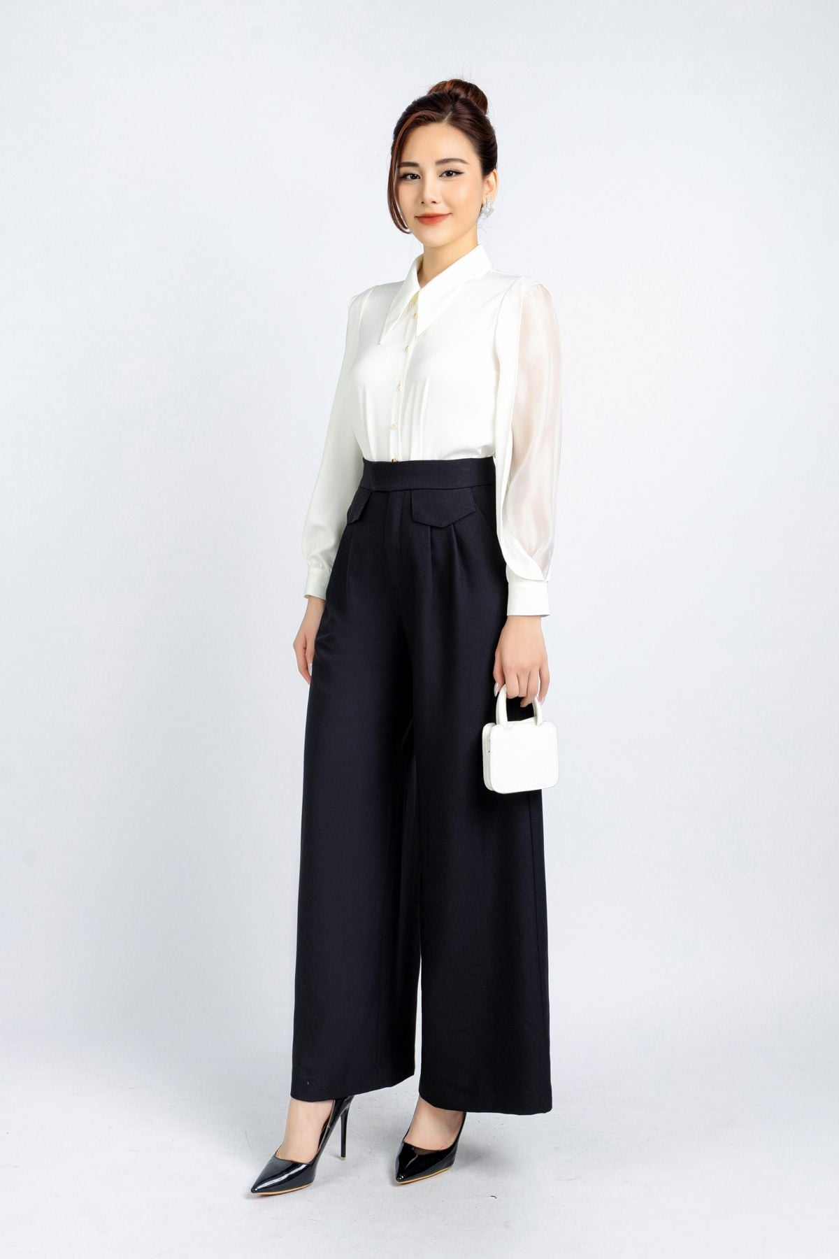 FAS53637 - Áo kiểu công sở vải lụa tằm cổ đức tay phối vải tơ hai vạt tạo kiểu - PANTIO