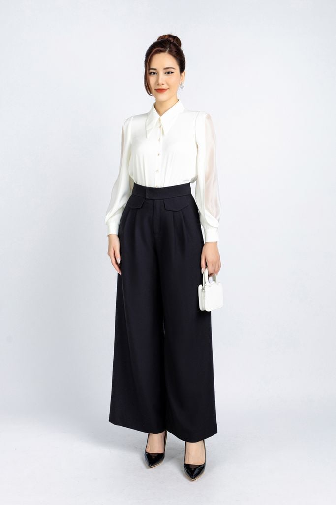 FAS53637 - Áo kiểu công sở vải lụa tằm cổ đức tay phối vải tơ hai vạt tạo kiểu - PANTIO