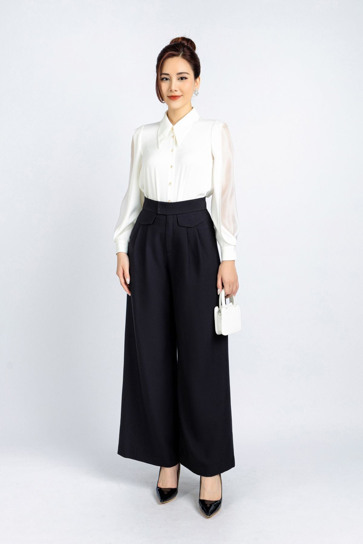 FAS53637 - Áo kiểu công sở vải lụa tằm cổ đức tay phối vải tơ hai vạt tạo kiểu - PANTIO