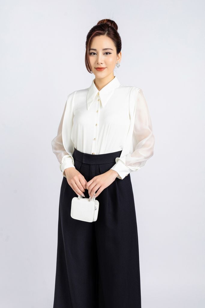 FAS53637 - Áo kiểu công sở vải lụa tằm cổ đức tay phối vải tơ hai vạt tạo kiểu - PANTIO