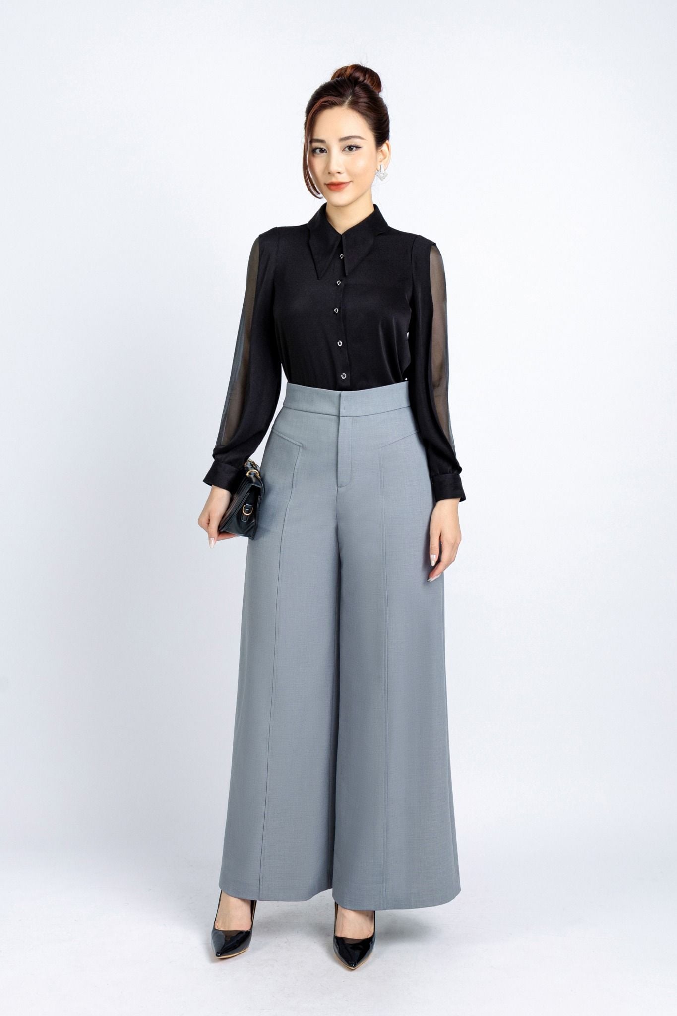 FAS53637 - Áo kiểu công sở vải lụa tằm cổ đức tay phối vải tơ hai vạt tạo kiểu - PANTIO