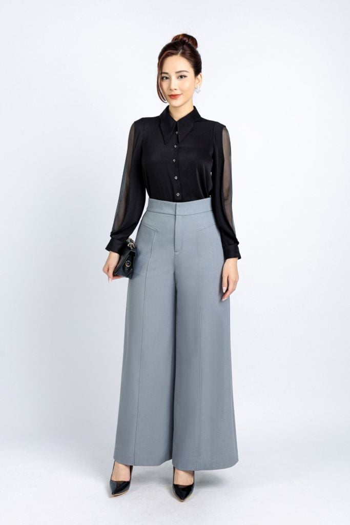 FQD51106 - Quần công sở vải thô dáng suông ống rộng thân diễu chỉ trang trí - PANTIO