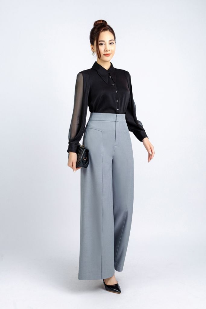 FQD51106 - Quần công sở vải thô dáng suông ống rộng thân diễu chỉ trang trí - PANTIO