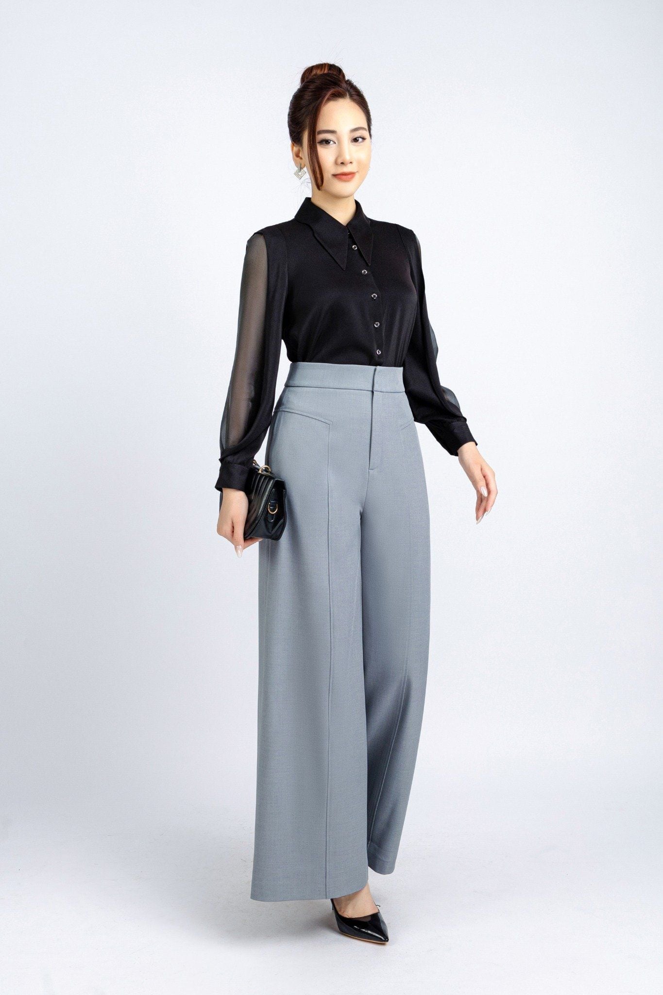 FQD51106 - Quần công sở vải thô dáng suông ống rộng thân diễu chỉ trang trí - PANTIO