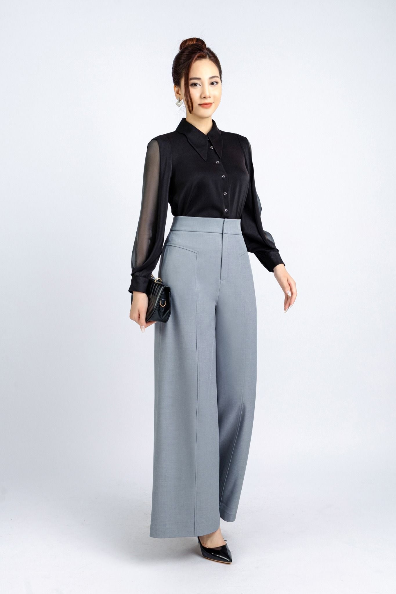 FAS53637 - Áo kiểu công sở vải lụa tằm cổ đức tay phối vải tơ hai vạt tạo kiểu - PANTIO