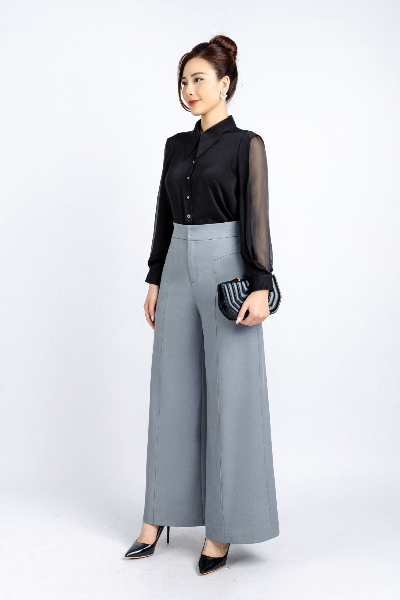 FQD51106 - Quần công sở vải thô dáng suông ống rộng thân diễu chỉ trang trí - PANTIO