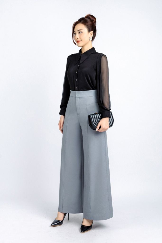 FAS53637 - Áo kiểu công sở vải lụa tằm cổ đức tay phối vải tơ hai vạt tạo kiểu - PANTIO