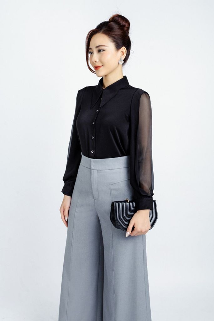 FAS53637 - Áo kiểu công sở vải lụa tằm cổ đức tay phối vải tơ hai vạt tạo kiểu - PANTIO