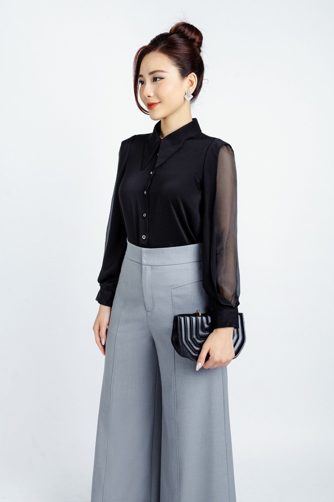 FAS53637 - Áo kiểu công sở vải lụa tằm cổ đức tay phối vải tơ hai vạt tạo kiểu - PANTIO