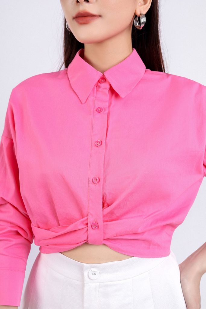 FAS53645 - Áo sơ mi công sở vải thô dáng croptop cổ đức dài tay cài khuy thân trước eo xoắn tạo kiểu - PANTIO