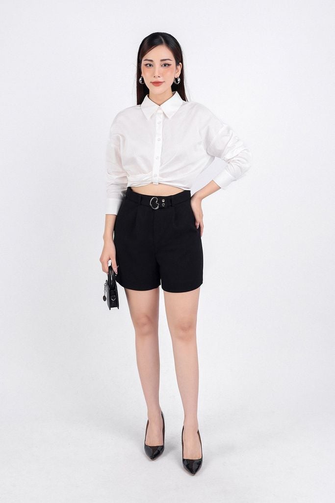 FAS53645 - Áo sơ mi công sở vải thô dáng croptop cổ đức dài tay cài khuy thân trước eo xoắn tạo kiểu - PANTIO