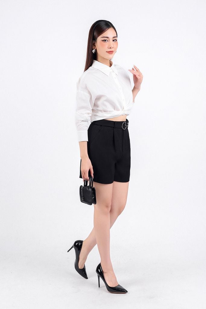 FQN3360 - Quần short dạo phố vải thô dày eo phối đai kim loại trang trí - PANTIO