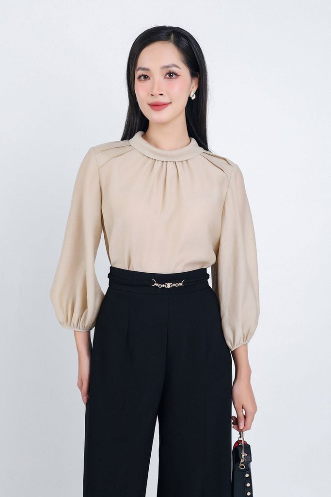 FAS53647 - Áo sơ mi công sở vải tơ dáng suông cổ nhún thắt nơ phía sau tạo kiểu tay lửng bo chun - PANTIO