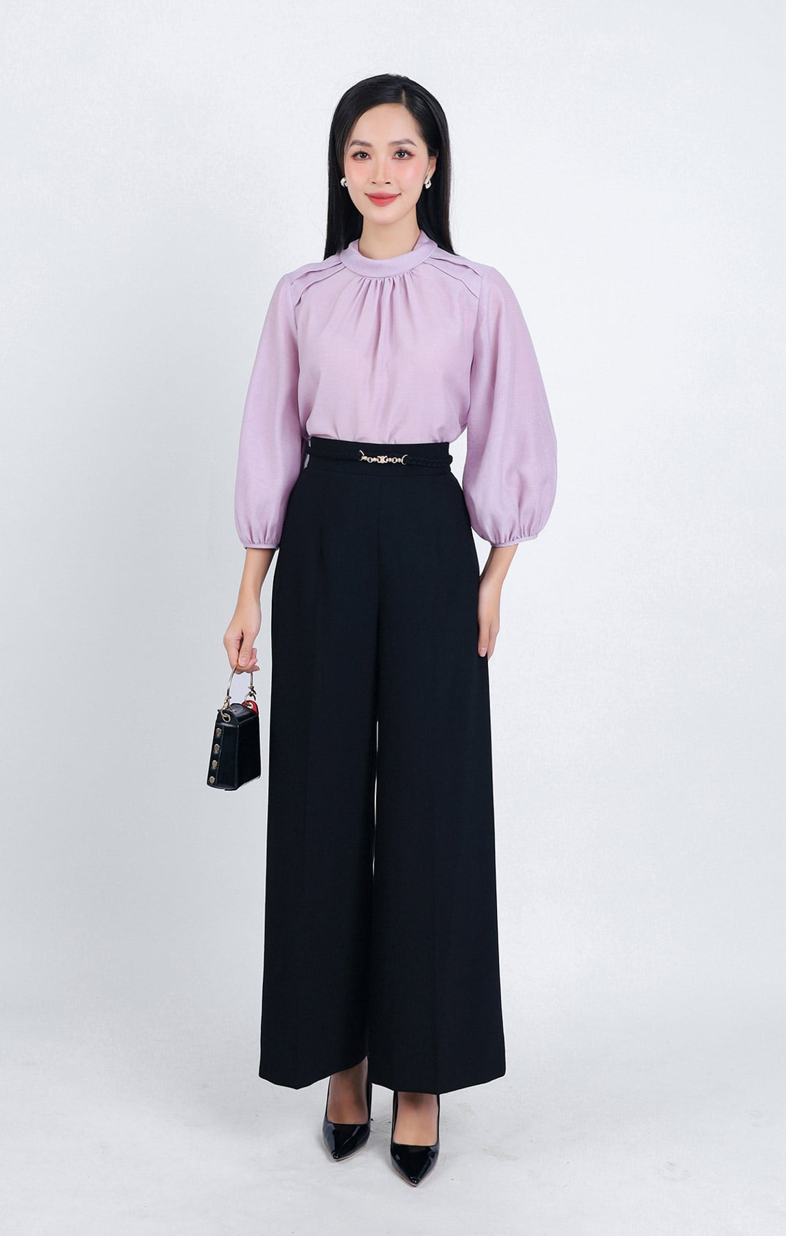 FAS53647 - Áo sơ mi công sở vải tơ dáng suông cổ nhún thắt nơ phía sau tạo kiểu tay lửng bo chun - PANTIO