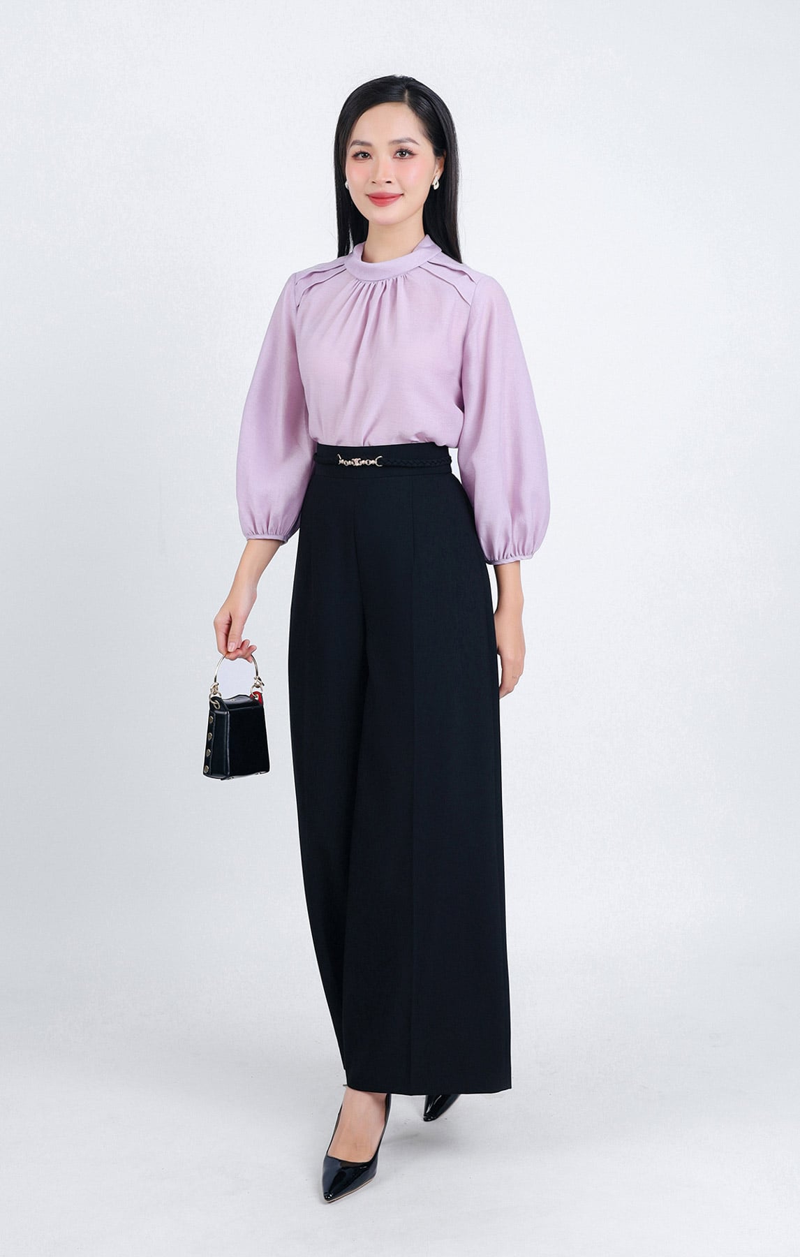 FAS53647 - Áo sơ mi công sở vải tơ dáng suông cổ nhún thắt nơ phía sau tạo kiểu tay lửng bo chun - PANTIO