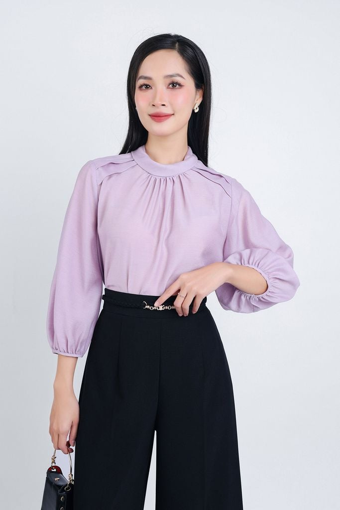 FAS53647 - Áo sơ mi công sở vải tơ dáng suông cổ nhún thắt nơ phía sau tạo kiểu tay lửng bo chun - PANTIO