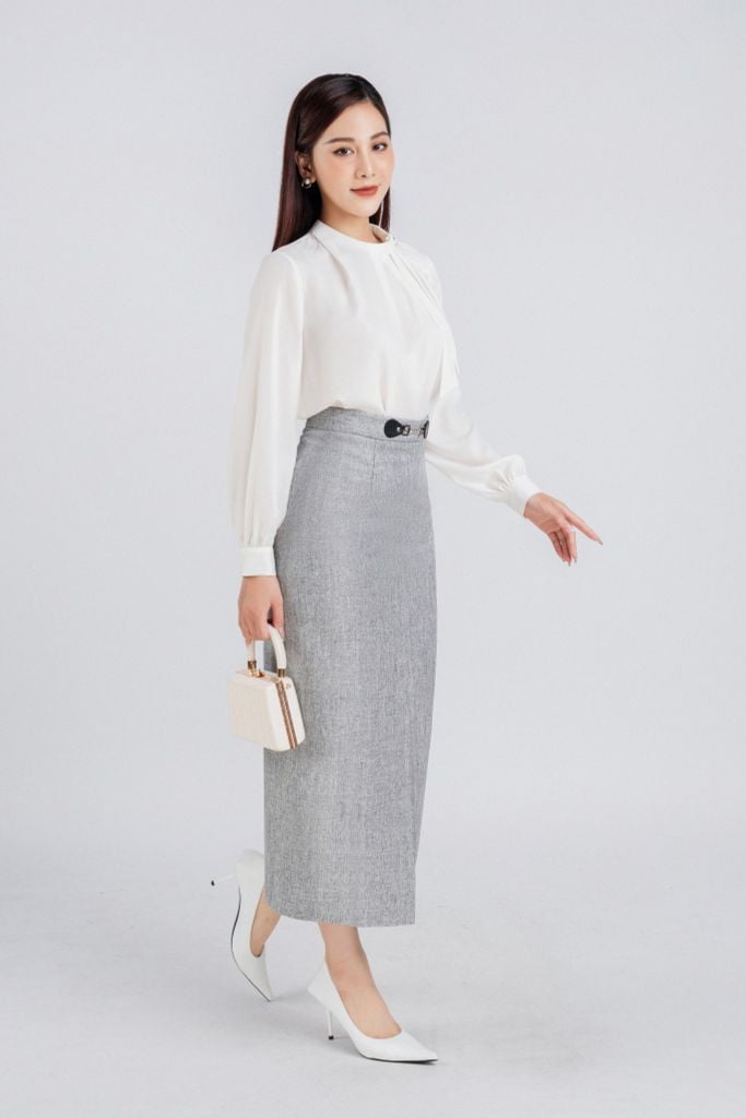 FJD51197 - Chân váy công sở vải thô dày dáng bút chì dài xẻ tà trước phối da + kim loại trang trí khóa thân sau - PANTIO