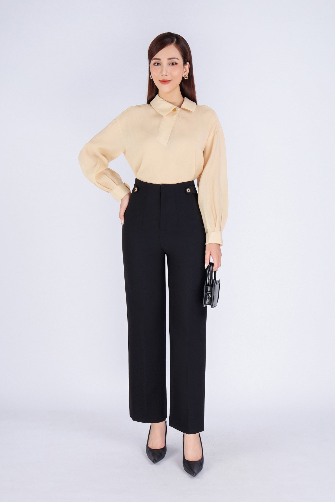 FAS53651 - Áo kiểu công sở vải tơ dáng suông cổ đức vạt lệch vai chờm tay cánh rơi - PANTIO