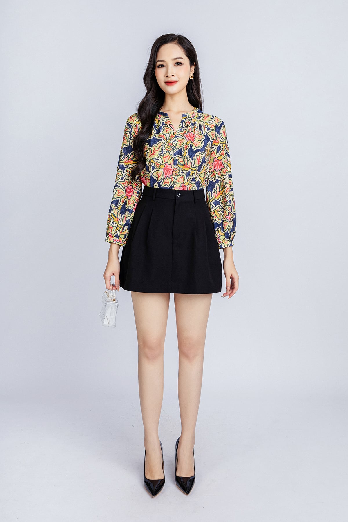 FAS53652 - Áo kiểu công sở vải thô dáng suông cổ tròn xẻ nhún tạo kiểu - PANTIO