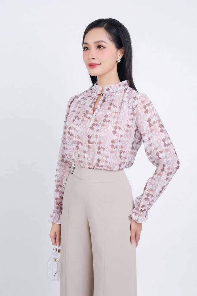 FAS53663 - Áo sơ mi công sở vải tơ hoa dáng suông cổ kiểu xếp ly phối dây nơ tay áo xoè bo chun - PANTIO