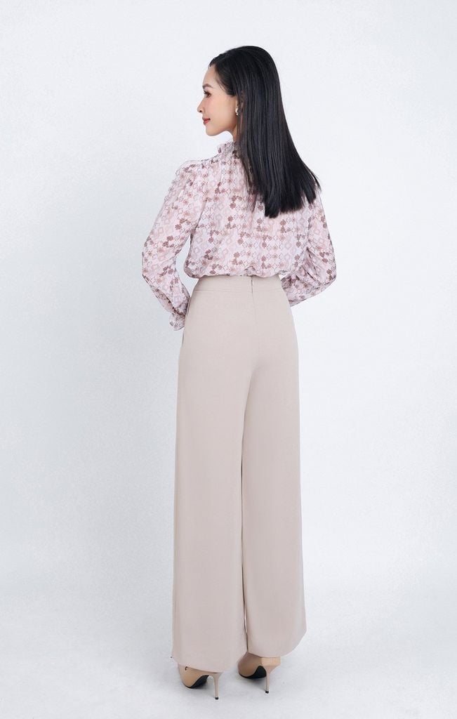 FAS53663 - Áo sơ mi công sở vải tơ hoa dáng suông cổ kiểu xếp ly phối dây nơ tay áo xoè bo chun - PANTIO