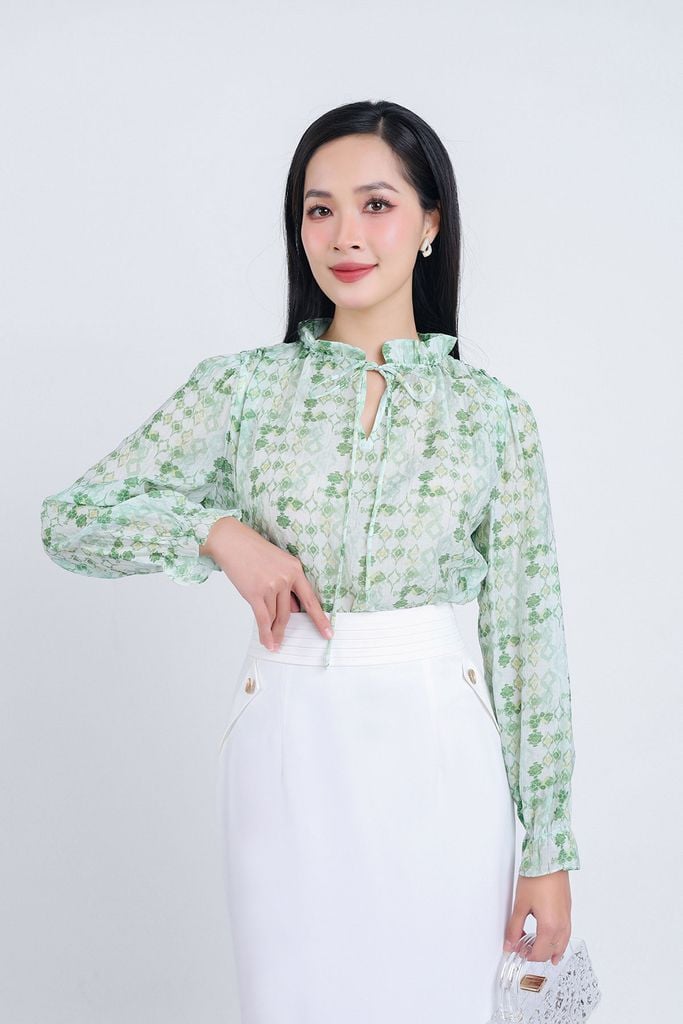 FAS53663 - Áo sơ mi công sở vải tơ hoa dáng suông cổ kiểu xếp ly phối dây nơ tay áo xoè bo chun - PANTIO