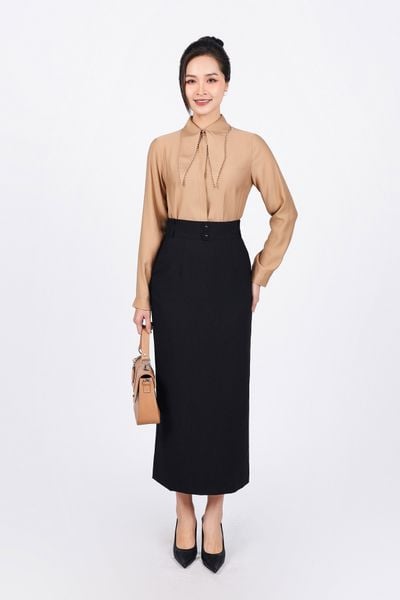 FAS53783 - Áo sơ mi công sở vải tơ dáng suông cổ đức bản to đính viền ngọc tạo kiểu - PANTIO