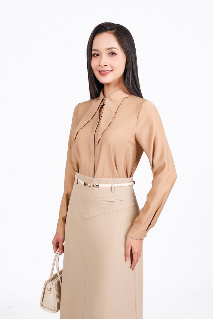 FJD51323 - Chân váy dài công sở vải thô dày dáng A eo phối cạp tạo kiểu khoá thân sau - PANTIO