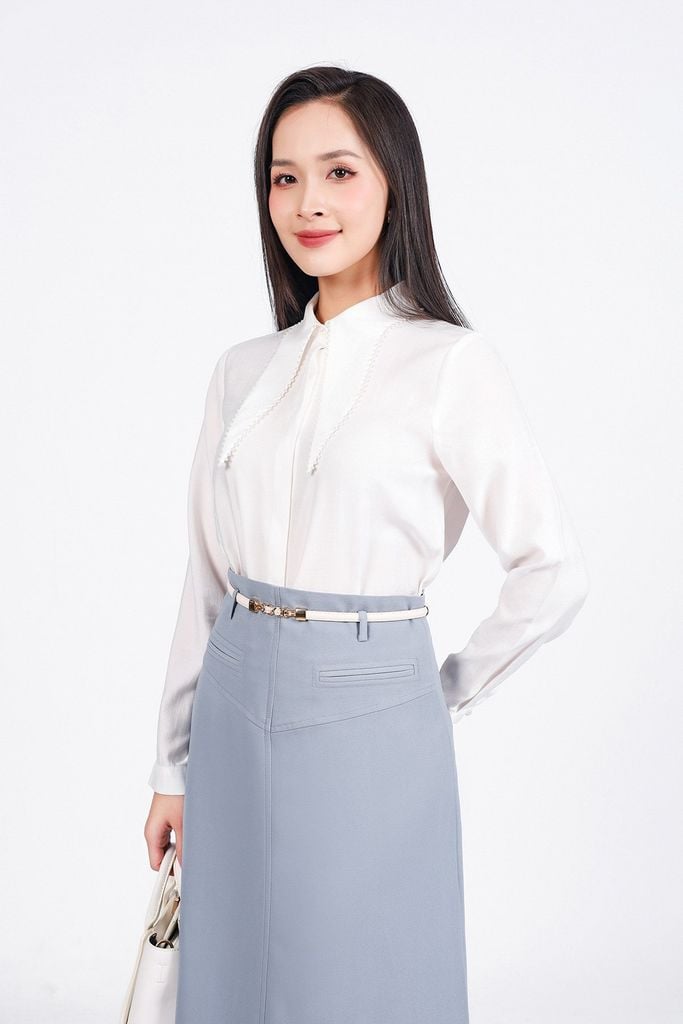 FJD51323 - Chân váy dài công sở vải thô dày dáng A eo phối cạp tạo kiểu khoá thân sau - PANTIO