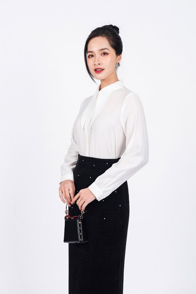 FAS53783 - Áo sơ mi công sở vải tơ dáng suông cổ đức bản to đính viền ngọc tạo kiểu - PANTIO