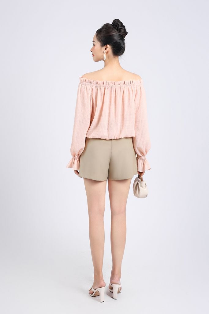 FAS53784 - Áo sơ mi công sở vải chiffon xốp dáng suông trễ vai phối chun co giãn tay dài bồng nhẹ có bo chun cổ tay - PANTIO