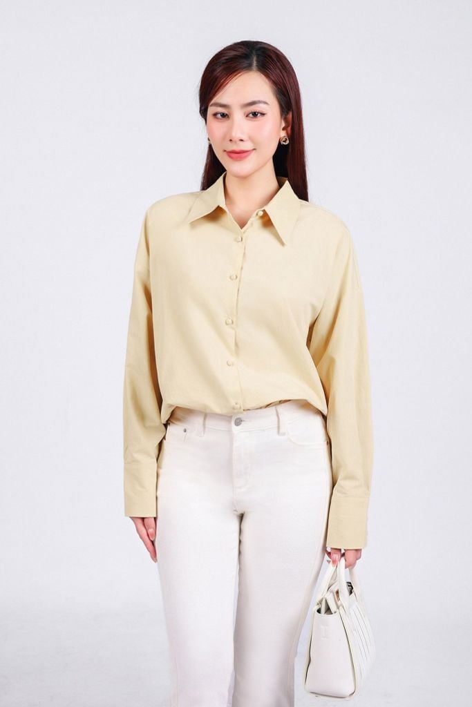 FAS53790 - Áo sơ mi công sở vải thô kate dáng suông cổ đức tay dài phối măng séc thân áo phối khuy bọc tạo kiểu - PANTIO