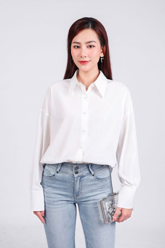 FAS53790 - Áo sơ mi công sở vải thô kate dáng suông cổ đức tay dài phối măng séc thân áo phối khuy bọc tạo kiểu - PANTIO
