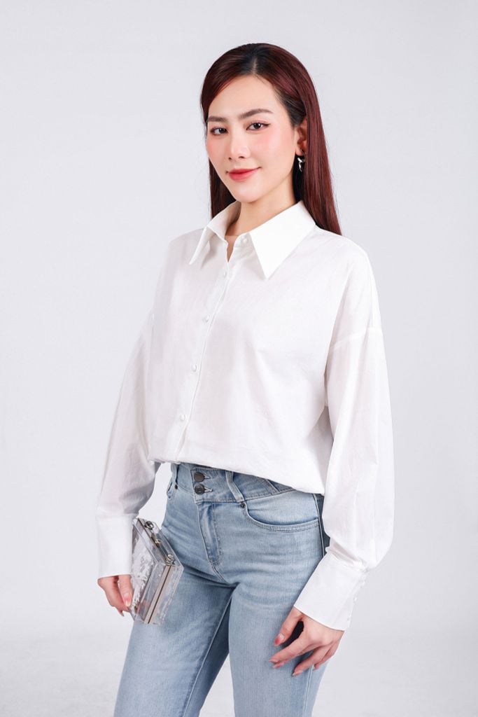 FAS53790 - Áo sơ mi công sở vải thô kate dáng suông cổ đức tay dài phối măng séc thân áo phối khuy bọc tạo kiểu - PANTIO